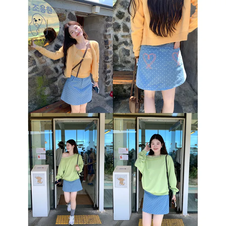 琥珀流光 火火【海岛记忆】韩系蓝色波点半身裙B36910HH53