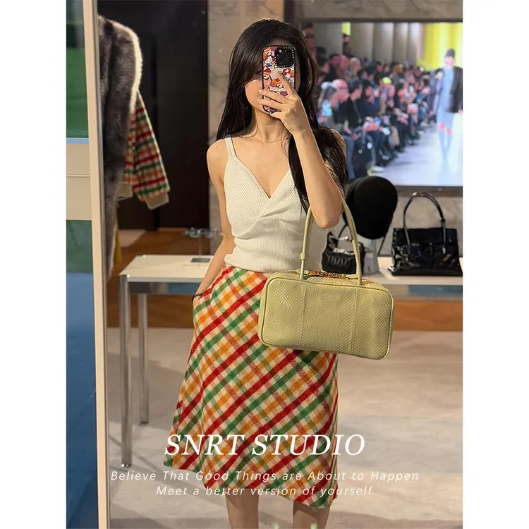 miu风彩色格子半身裙女秋冬季中古vintage格纹直筒复古着磨毛呢裙