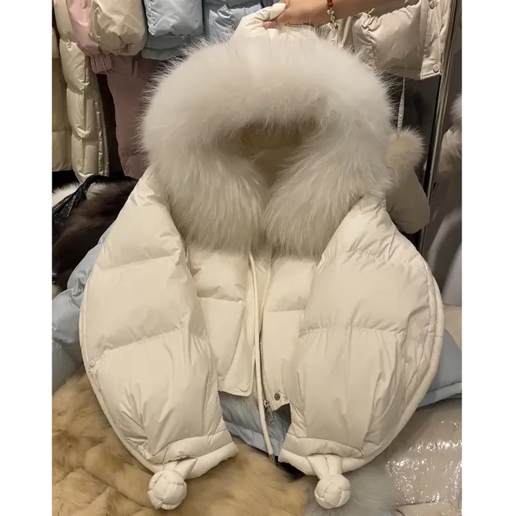 大毛领连帽泡芙羽绒服女2025年冬季新款小个子短款保暖白鸭绒外套