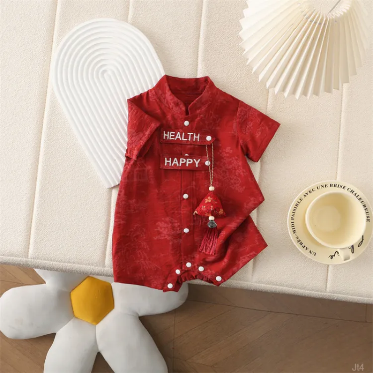 喜庆婴儿衣服新款洋气国风刺绣连体衣夏季薄款婴幼儿高颜值外出服