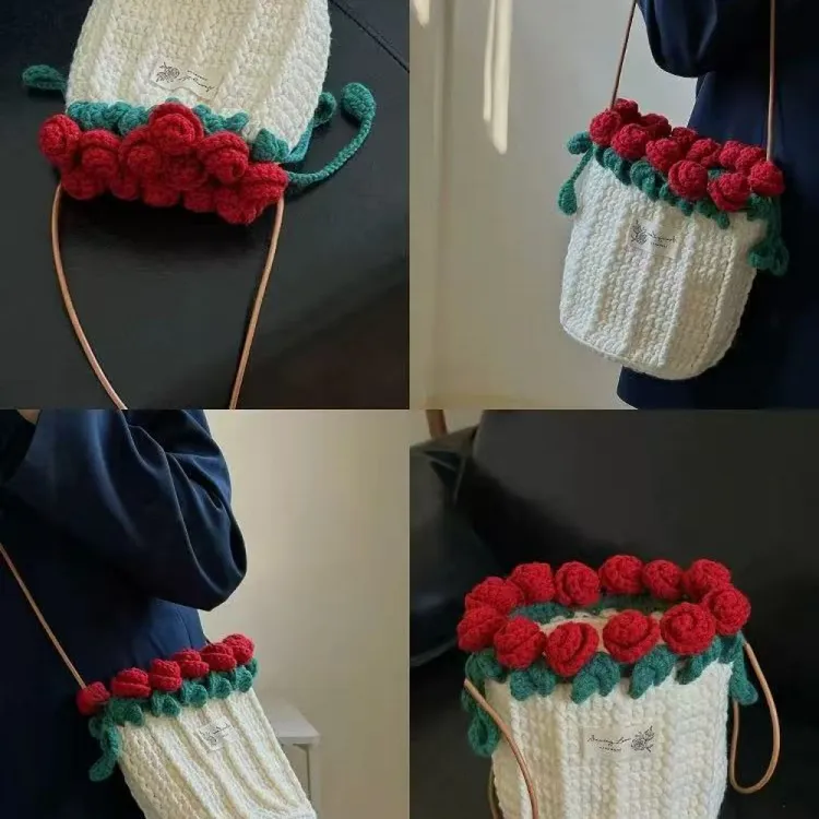 【爱宝】玫瑰花束毯子水桶包手工diy钩针编织材料包毛线针织斜挎包