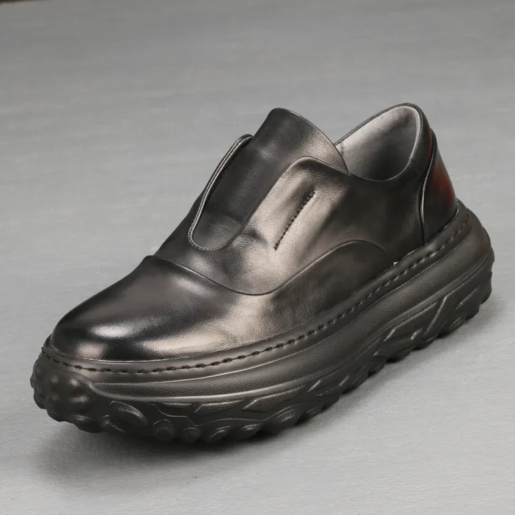 男鞋黑色真皮一脚蹬厚底休闲板鞋男百搭增高头层牛皮运动懒人鞋
