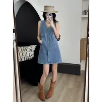 SP韩系通勤穿搭蓝色v领牛仔连衣裙夏季小个子叠穿马甲背心连衣裙