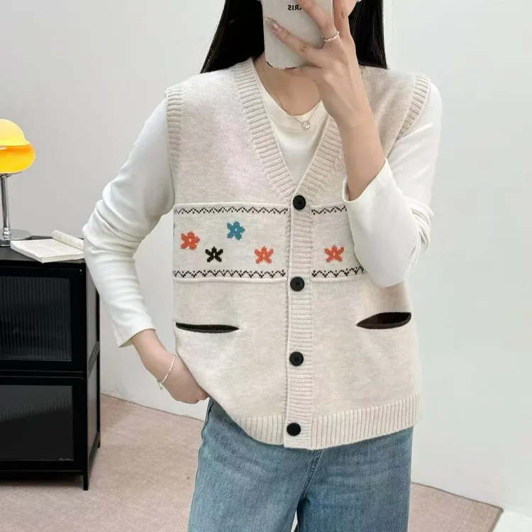 双口袋马甲女春秋新款V领单排扣提花宽松针织衫无袖背心坎肩上衣