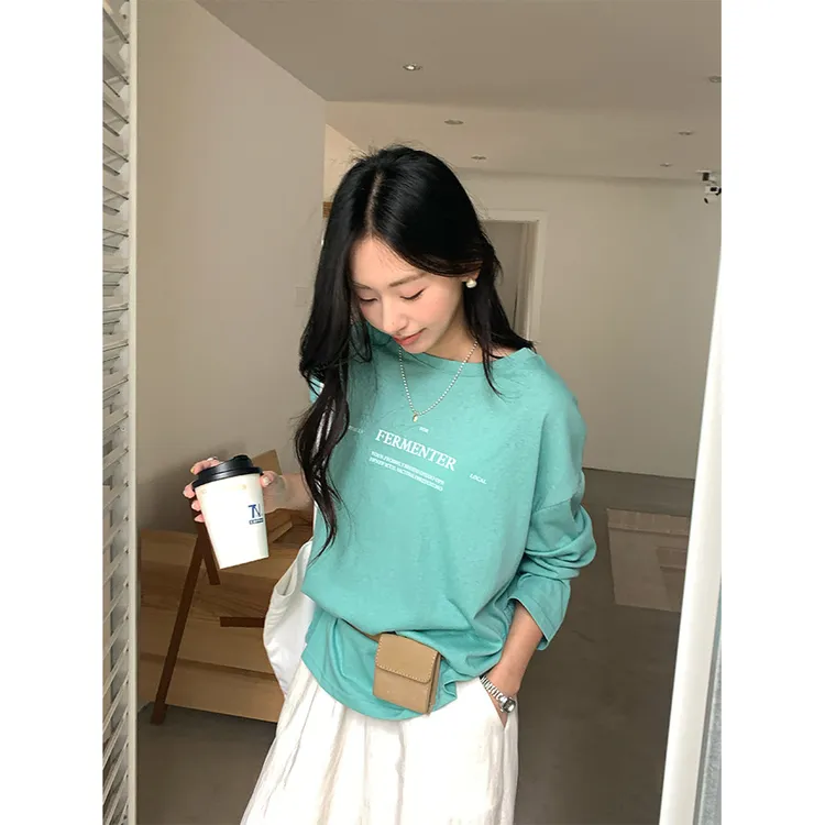 清新百搭宽松长袖字母印花恤女春棉质针织韩系舒适上衣