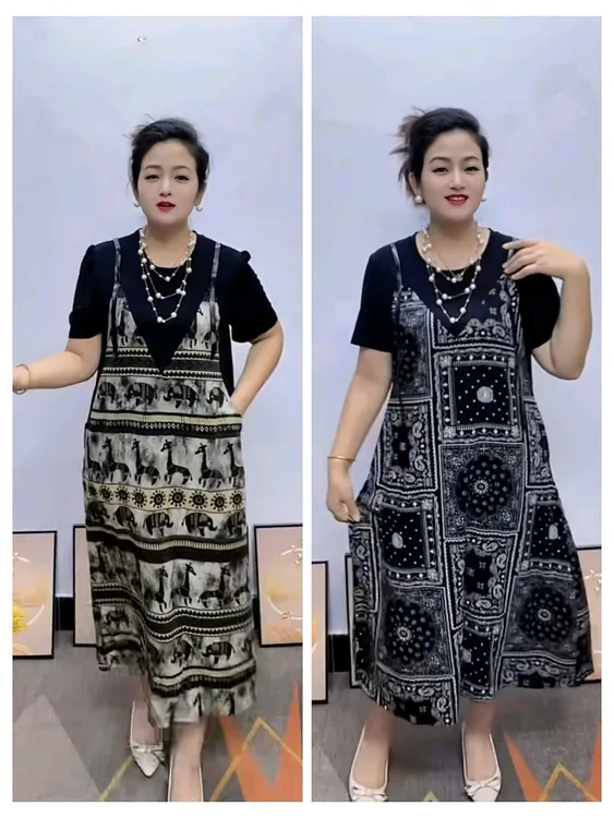 夏季复古气质印花假两件拼接宽松显瘦中长款连衣裙