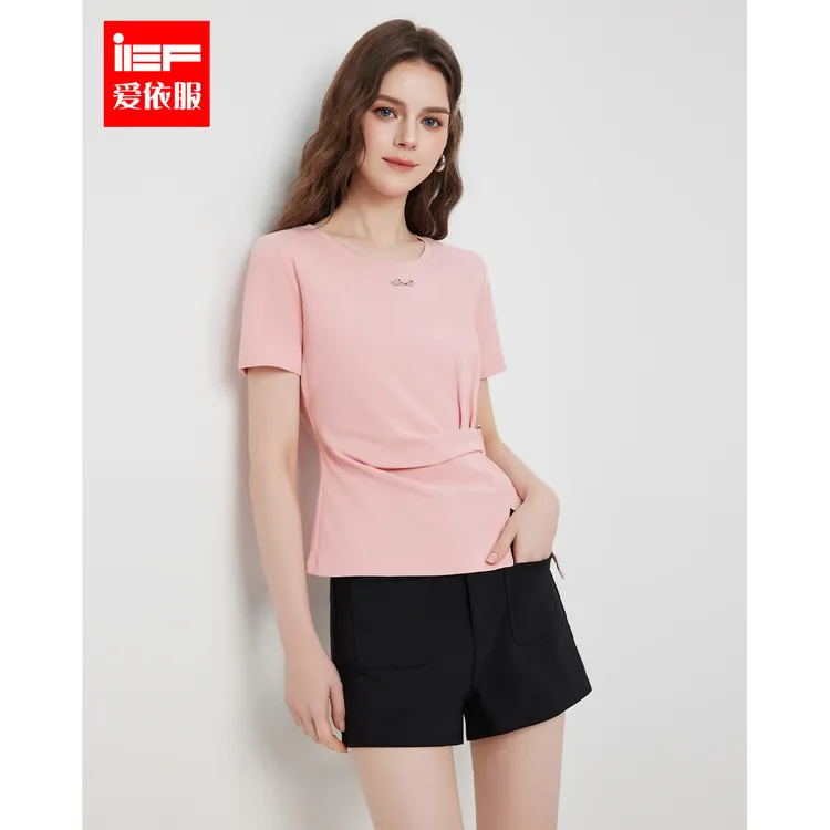 IEF/爱依服短袖2025夏季新款韩系风时尚小众褶皱设计通勤百搭T恤