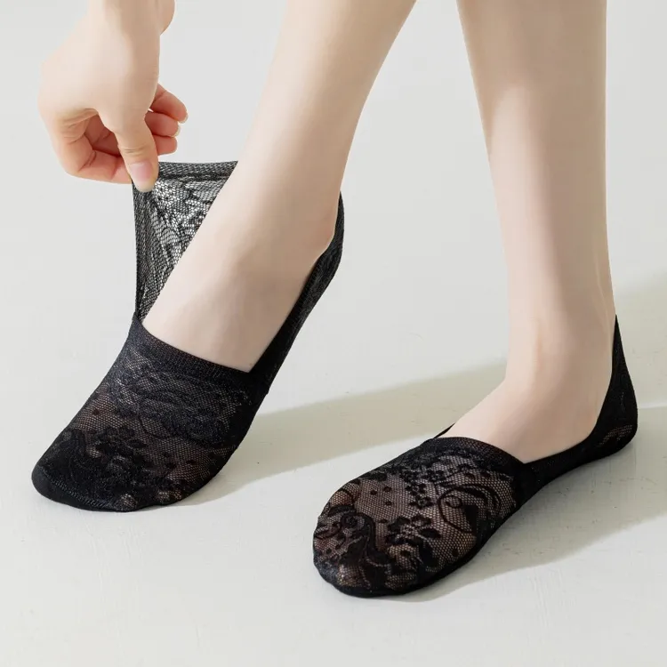 深口硅胶船袜 女士不易掉跟网红百搭女袜脚底棉底黑丝袜袜拖女