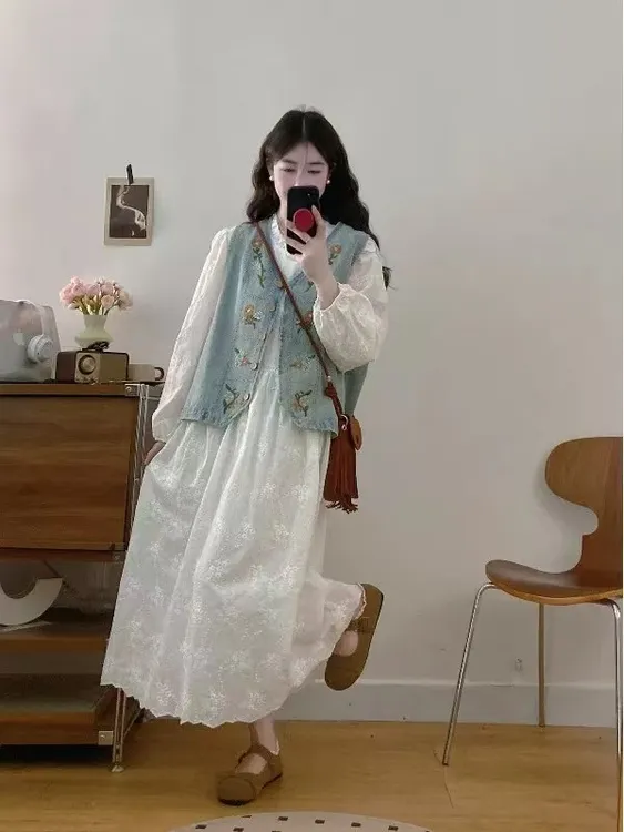 秋季森系轻熟风复古港风时尚套装牛仔马夹纯色连衣裙两件套573698