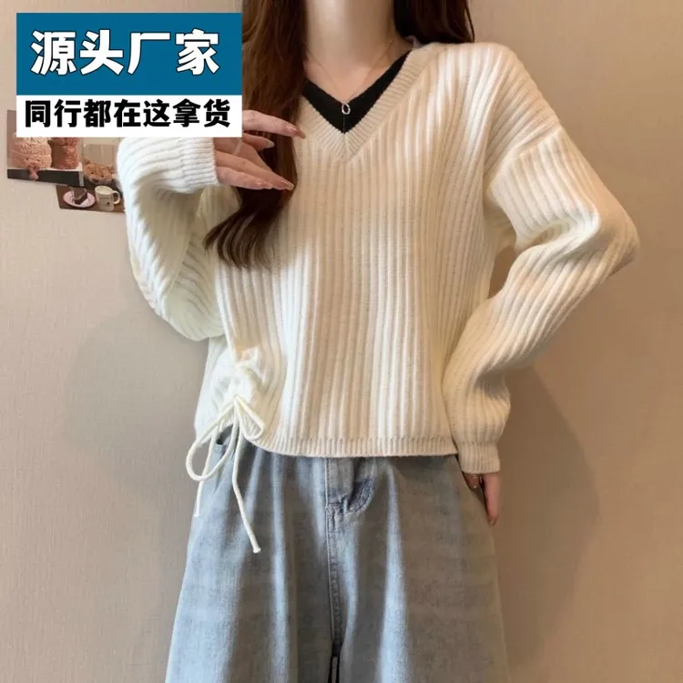 梵乐芬假两件v领针织衫毛衣女春秋新款韩版宽松显瘦设计感短款抽