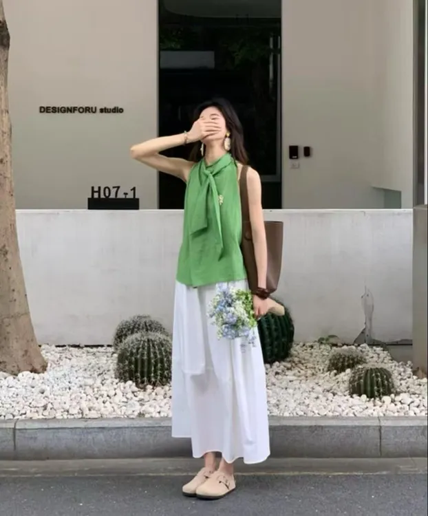 2025新款韩系简约小衫夏季新款慵懒宽松显瘦无袖上衣背心吊带套装