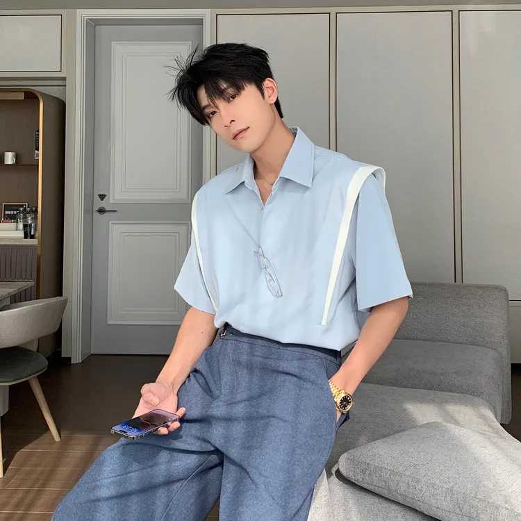 一轩轩轩【查特勒色调】夏季设计感拼接色休闲百搭男短袖衬衫25654