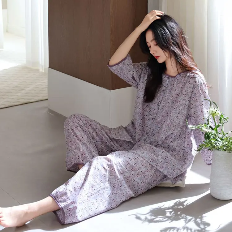 夏季睡衣女春秋季柔软七分袖家居服碎花开衫女士可外穿薄款套装