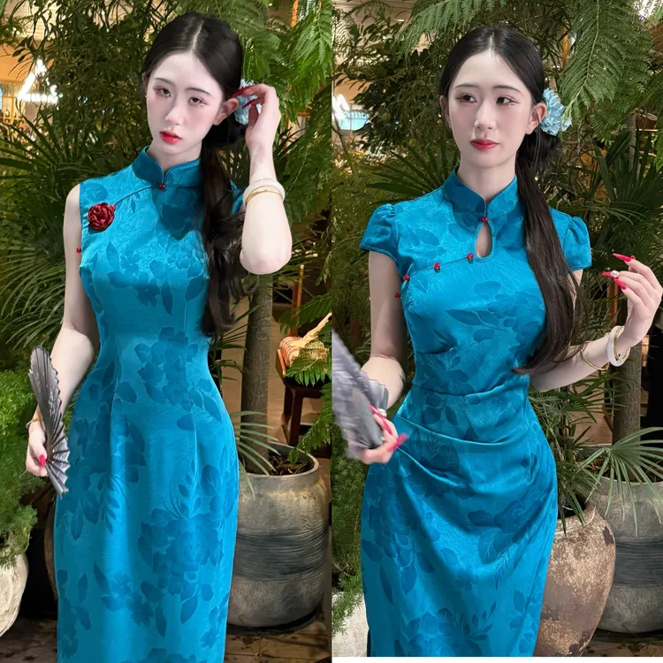 LHMknk1画报夫人原创自制新中式高级烫金旗袍港工连衣裙 玲珑雀蓝