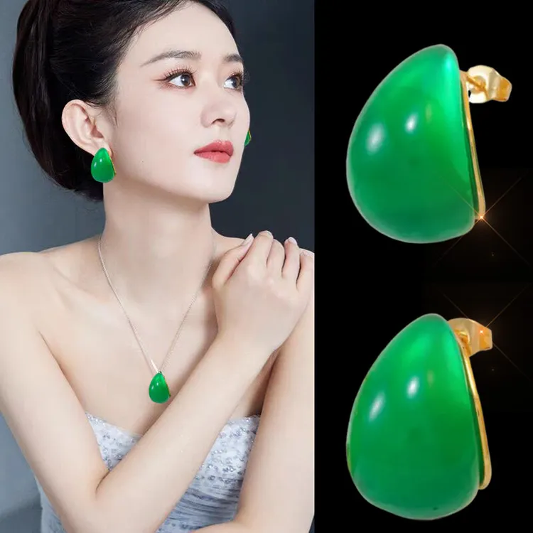 合金耳饰 绿色C型耳环女2025年新款爆款高级感洋气百搭大水滴耳钉