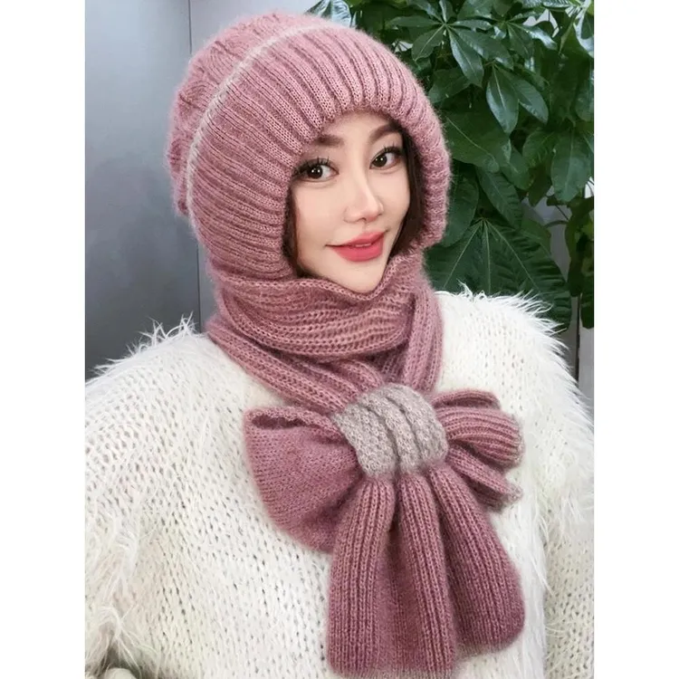 加厚升级毛绒护耳护颈洋气妈妈款毛线针织帽围巾一体女包头风雪帽