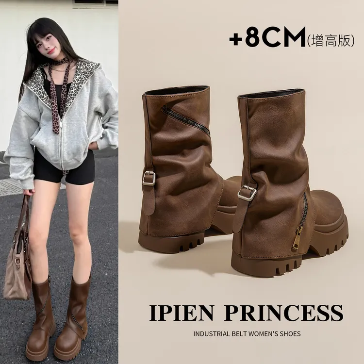 复古百搭马丁靴女2025秋季新款美拉德短靴厚底增高皮带扣机车靴