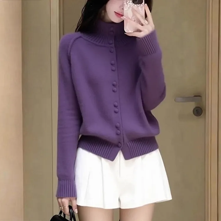 紫色半高领针织开衫女士秋冬慵懒高级感洋气显瘦减龄毛衣外套上衣