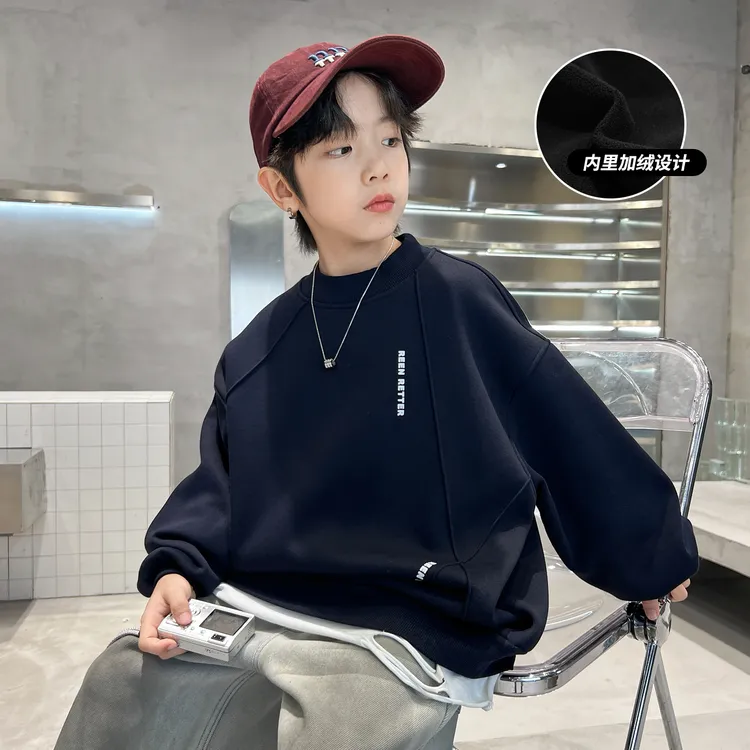 男童拼接半高领加绒卫衣冬季2025儿童休闲一体绒保暖上衣中大童15