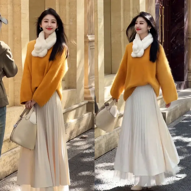 流行一整套2025秋冬季新款时尚慵懒风宽松毛衣高腰百褶裙两件套潮