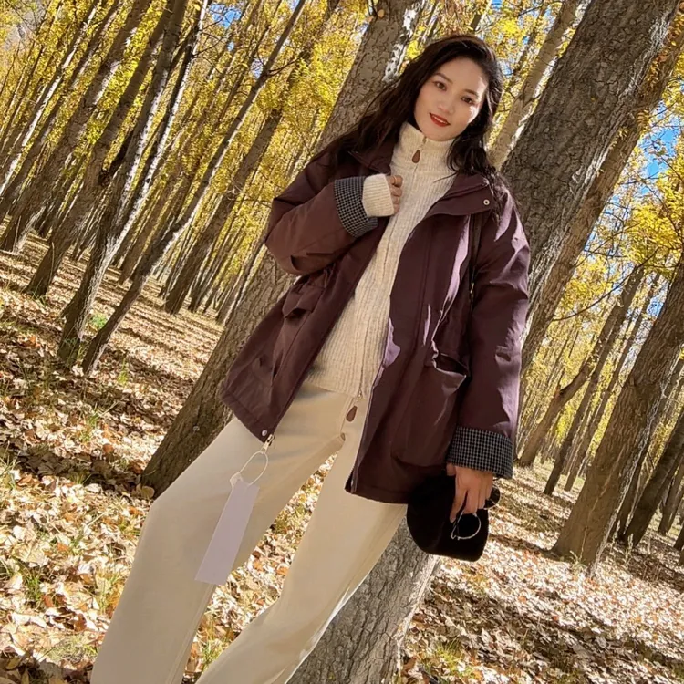 韩版时尚百搭宽松休闲小众连帽拼接格子外套女上衣