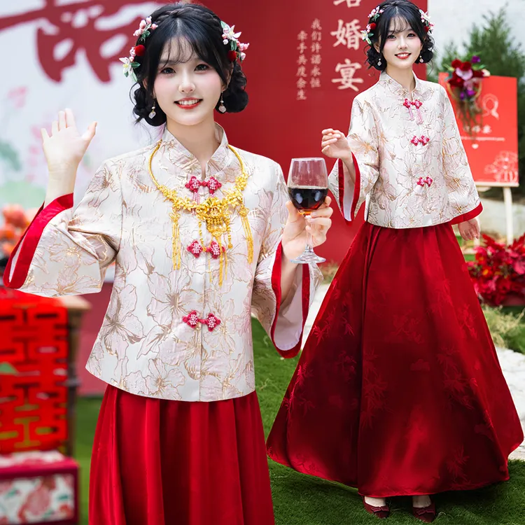 新中式唐装婚宴敬酒服喜庆上衣搭配提花半身裙新娘结婚礼套装2595