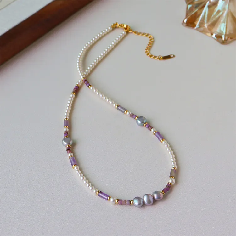 兰知春序原创银灰色炫彩淡水串珠项链女百搭高级感简约轻七夕