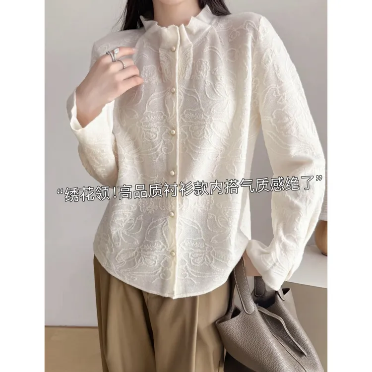 衬衫款绣花领」气质暗纹花纹蕾丝花边领针织衫女内搭打底毛衣