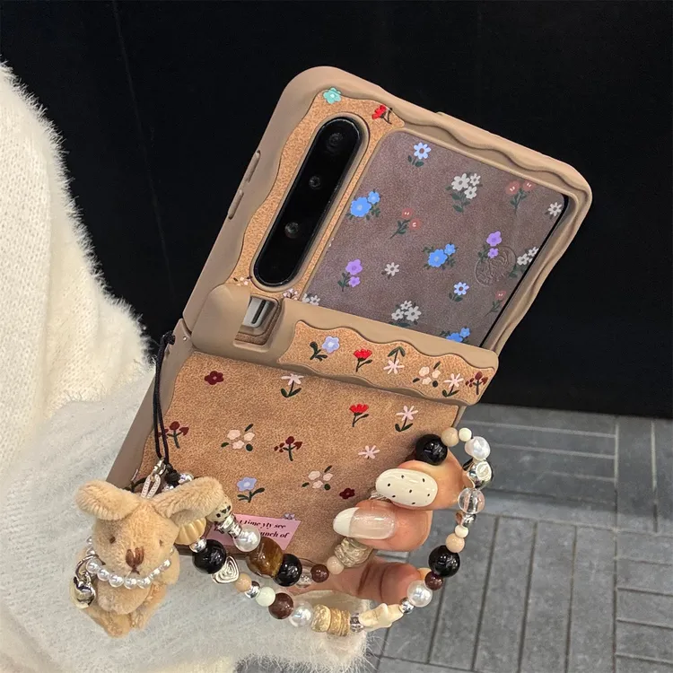 适用华为purax典藏版手机壳棕色波浪边PuraX皮质小碎花兔子链条女