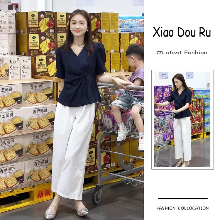 夏季流行穿搭一整套新款2025韩版轻熟风显瘦短袖上衣阔腿裤两件套