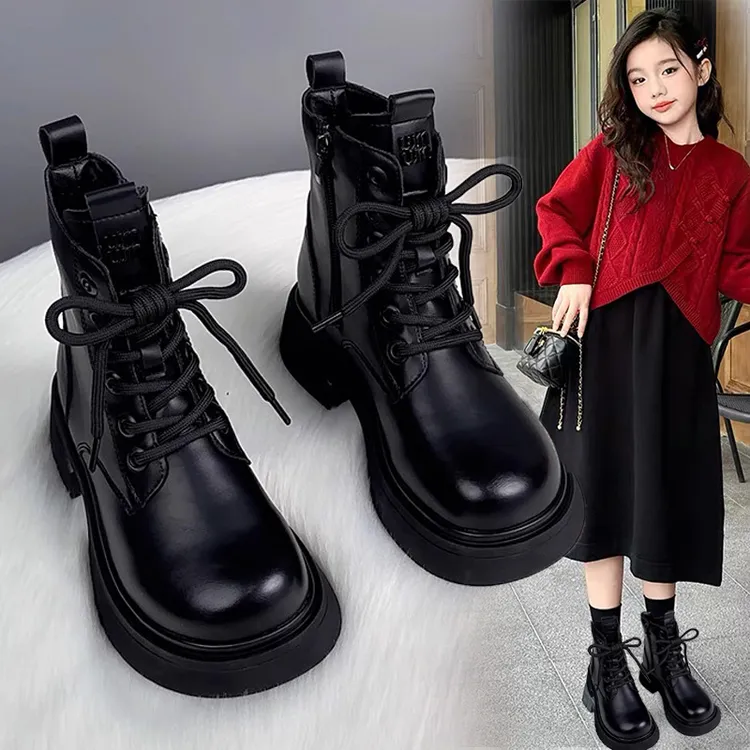 女童靴子2025秋冬新款时尚女孩黑色短靴学生中大童皮靴儿童马丁靴