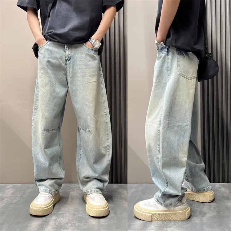 秋季美式痞帅复古水洗渐变弯刀牛仔裤男直筒宽松高街百搭阔腿裤子