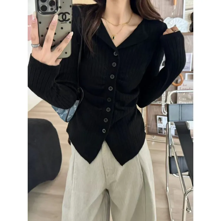 SP 法式高级感百搭打底针织开衫上衣女秋冬季黑色修身显瘦内搭t恤