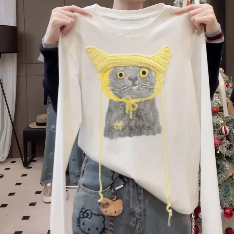【戴帽小猫】新款流光风卡通猫咪印花长袖T恤上衣LK2508952