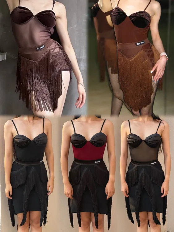 Crystal连体流苏拉丁舞套装黑色拼接夏季裙包臀绑带舞服舞蹈服