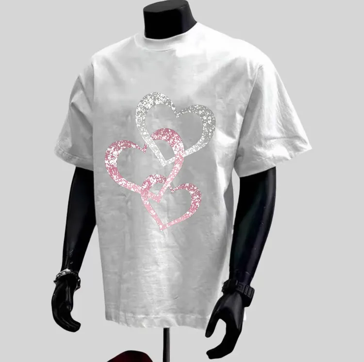 夏季纯棉230g透气潮流时尚T恤宽松男士情侣爱心印花圆领短袖T恤