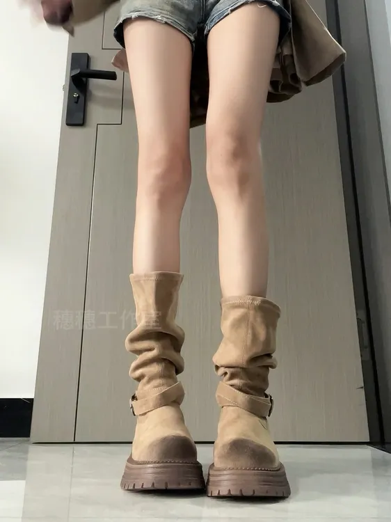 复古擦色中筒西部牛仔靴女新款小个子厚底显瘦堆堆靴