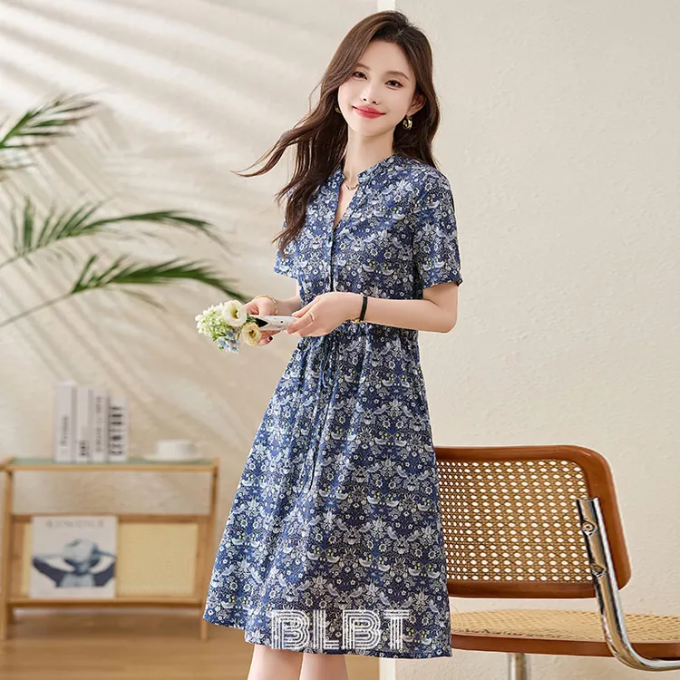 碎花连衣裙女短袖2025夏季新款小个子时尚收腰显瘦中长款薄裙子