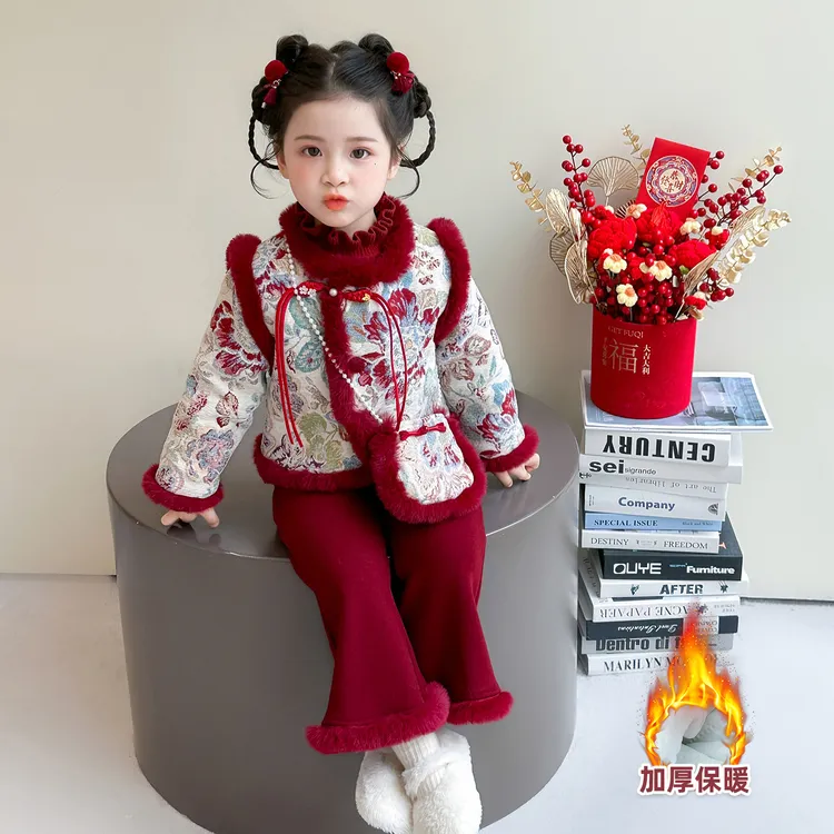 女童花开富贵中式拜年服冬季新款洋气时尚儿童唐装加厚国风两件套