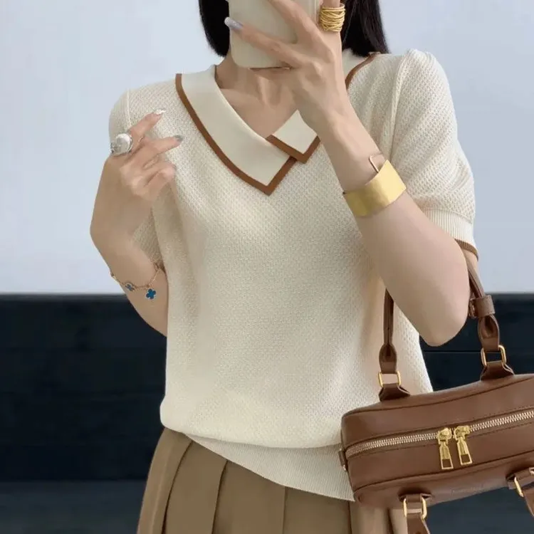 大码拼色斜方领针织衫女夏季新款套头休闲时尚显瘦短款百搭上衣女