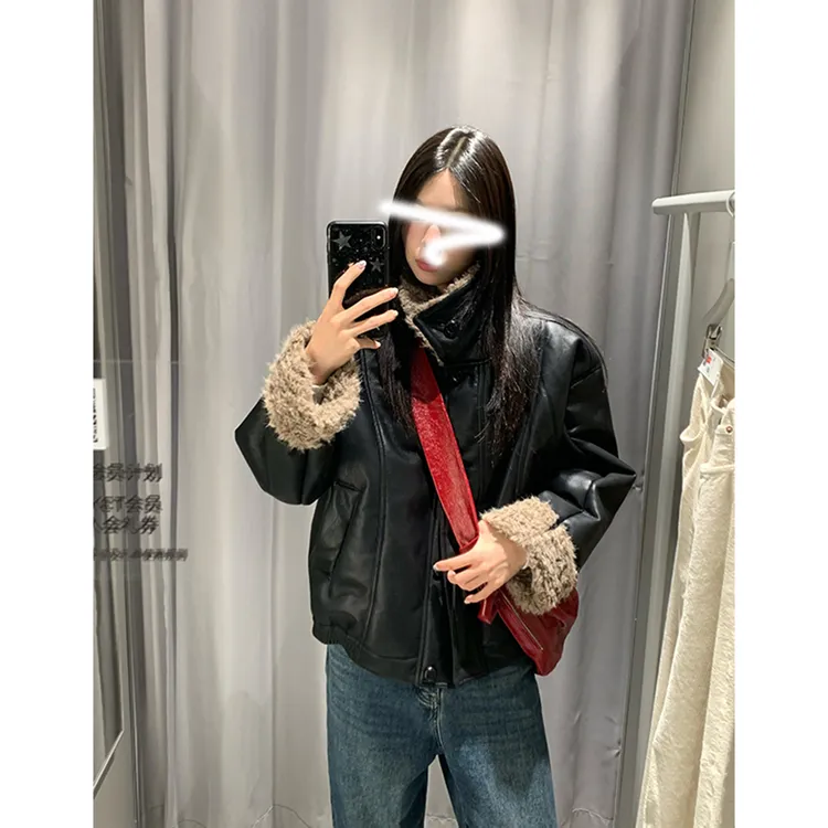 百搭港风ins黑色毛绒拼接皮衣女秋冬新款韩版宽松夹棉防风短外套