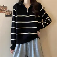 大码胖MM半高领翻领条纹保暖毛衣女秋冬韩系宽松显瘦针织打底上衣