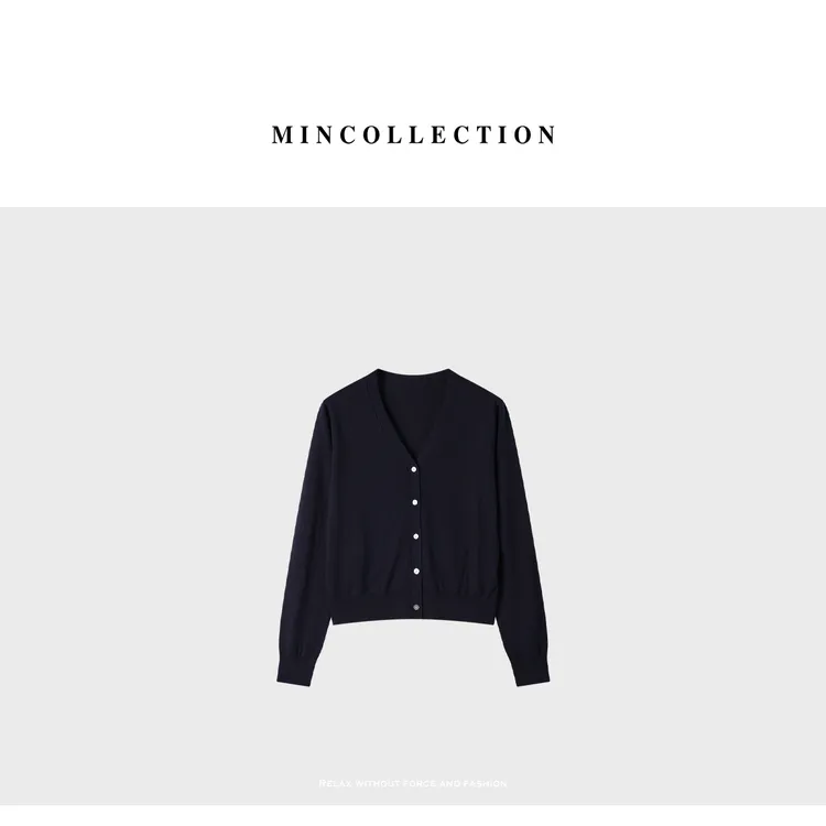 DE Mincollection藏蓝V领开衫秋季薄款显白蚕丝羊毛针织开衫40366