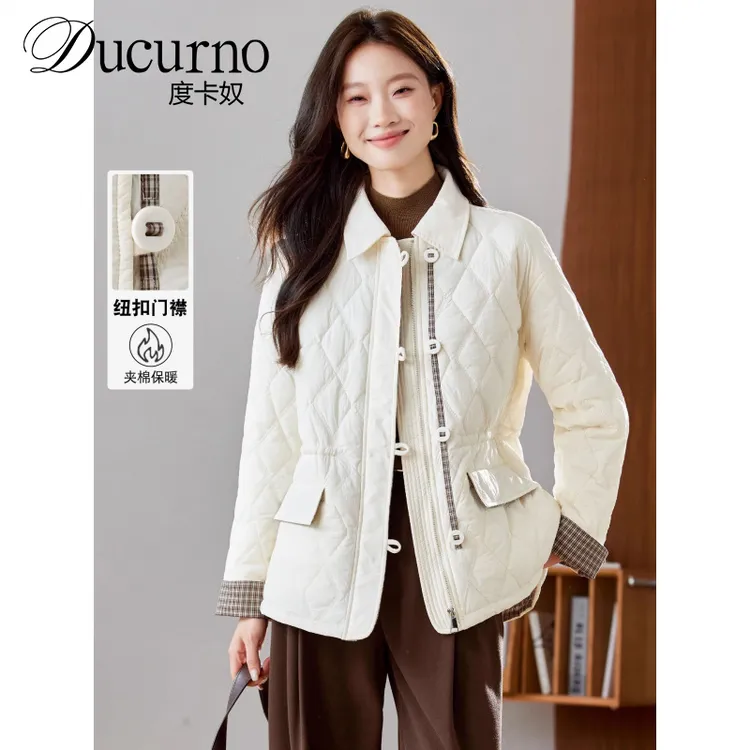 设计感菱格纹棉服外套女秋冬季2025新款收腰翻领加厚保暖棉衣上衣
