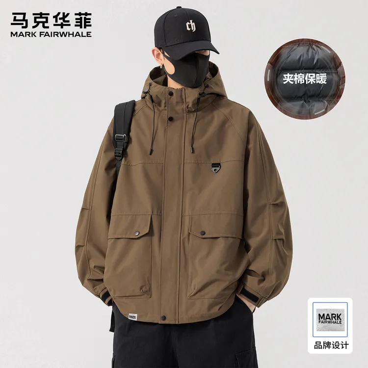 马克华菲加厚夹棉工装夹克秋冬季新款保暖高街户外潮牌连帽外套男