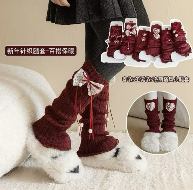 儿童女童袜套秋冬蝴蝶结安可拉红洛丽塔公主圣诞新年保暖长筒腿套