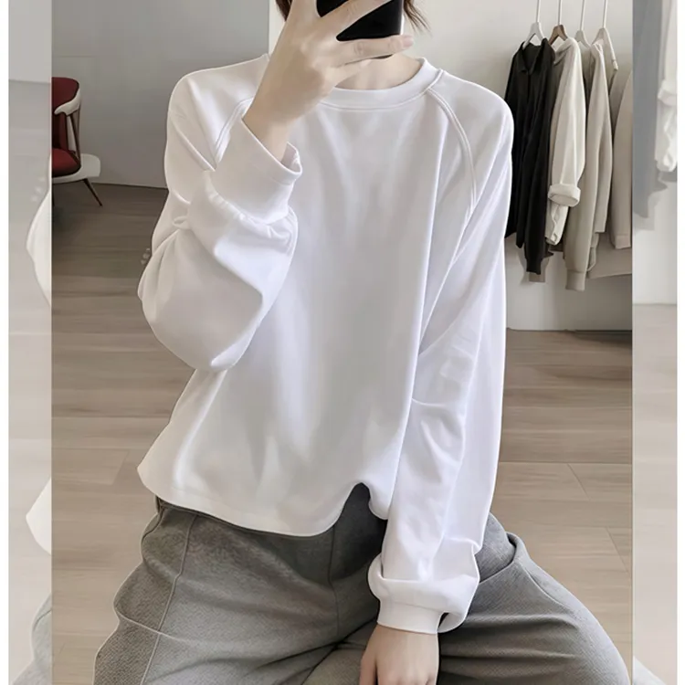 韩版自留款白色正肩短款T恤打底女卫衣欧货秋冬圆领宽松显瘦上衣