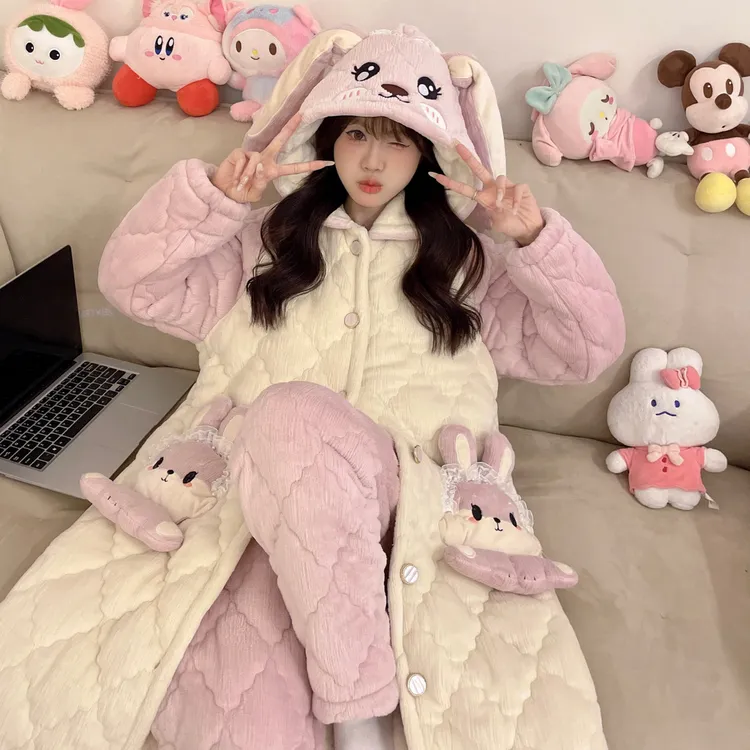 2025三层夹棉睡衣女秋冬季加绒加厚连帽睡袍可爱浴袍家居服冬天