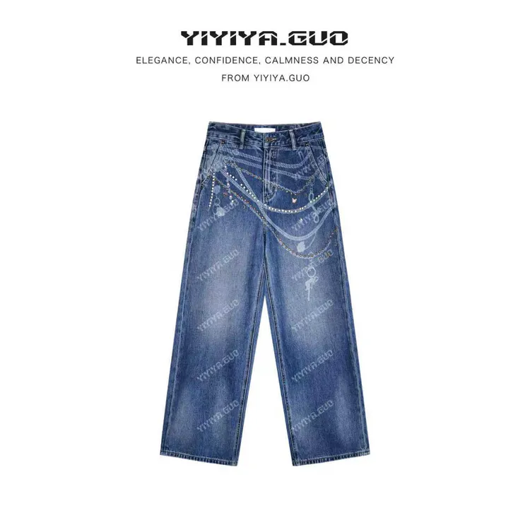 yiyiya.Guo艺艺吖【限定款】休闲时尚百搭烫钻直筒牛仔裤080161SS52