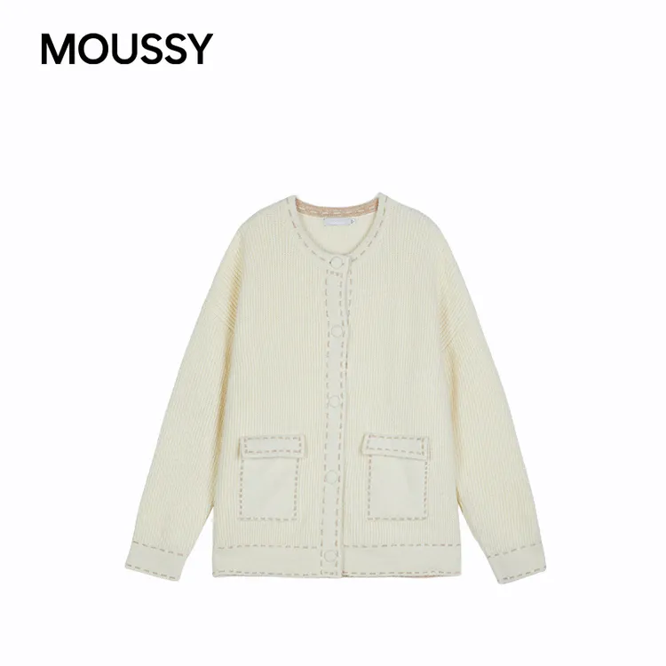 MOUSSY 2026早春新品复古工装风明线圆领针织开衫女028IAB70-1057